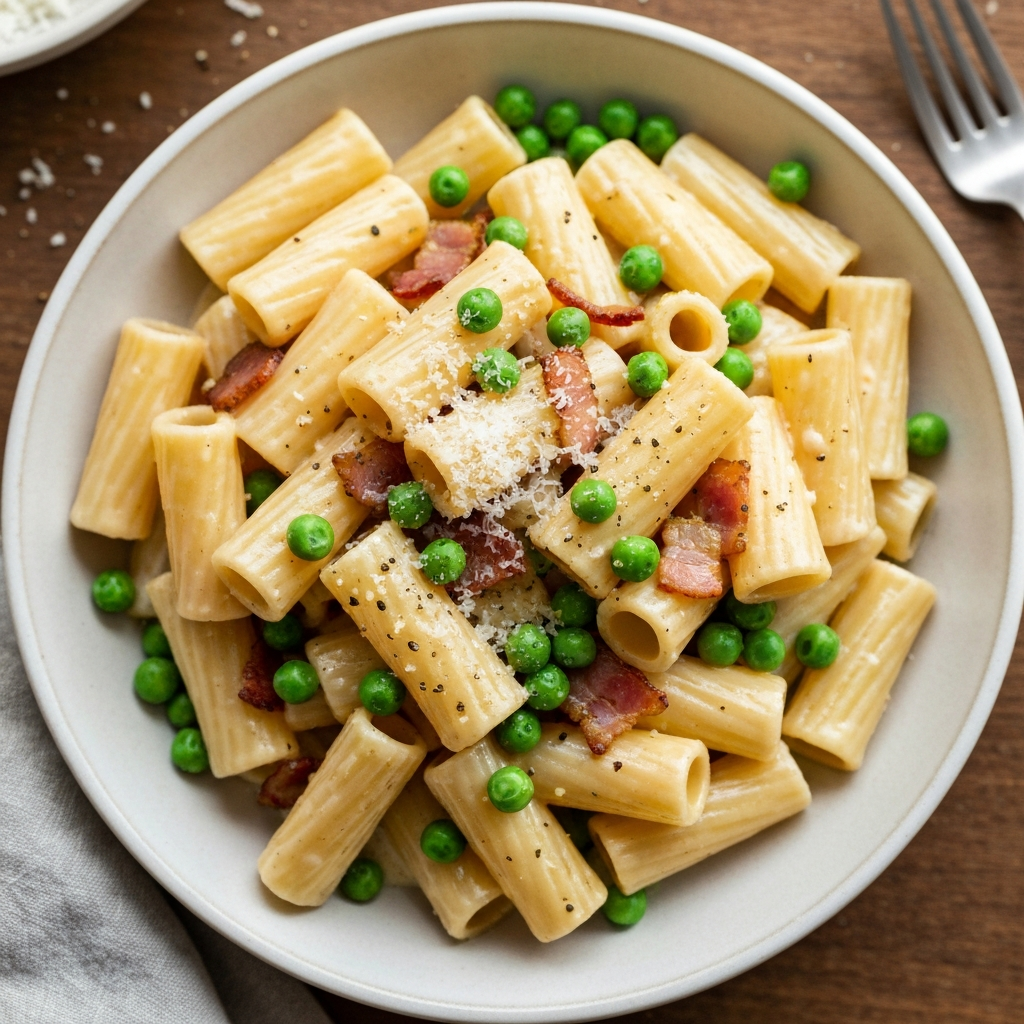 Kremalı ve Bezelyeli Rigatoni Carbonara
