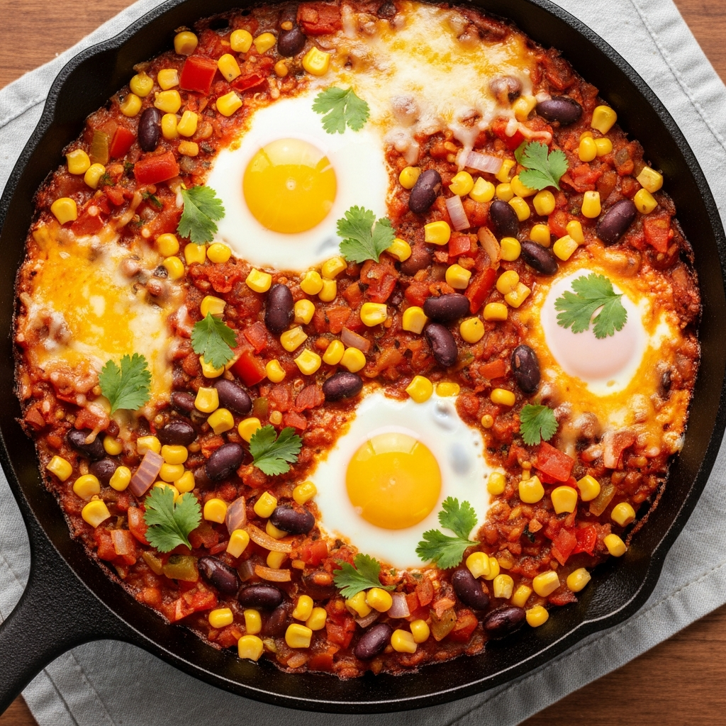 Fırında Fasulye, Mısır ve Yumurtalı Meksika Tavası