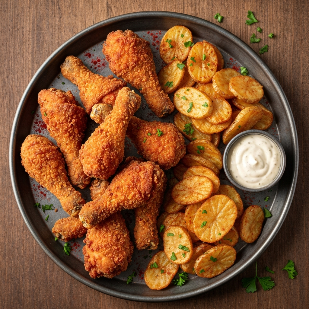 Geleneksel Çıtır Tavuk But ve Patates