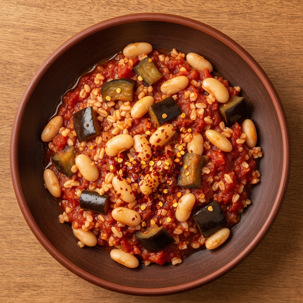 İç Yağlı Kuru Patlıcanlı Fasulye ve Bulgur Yemeği
