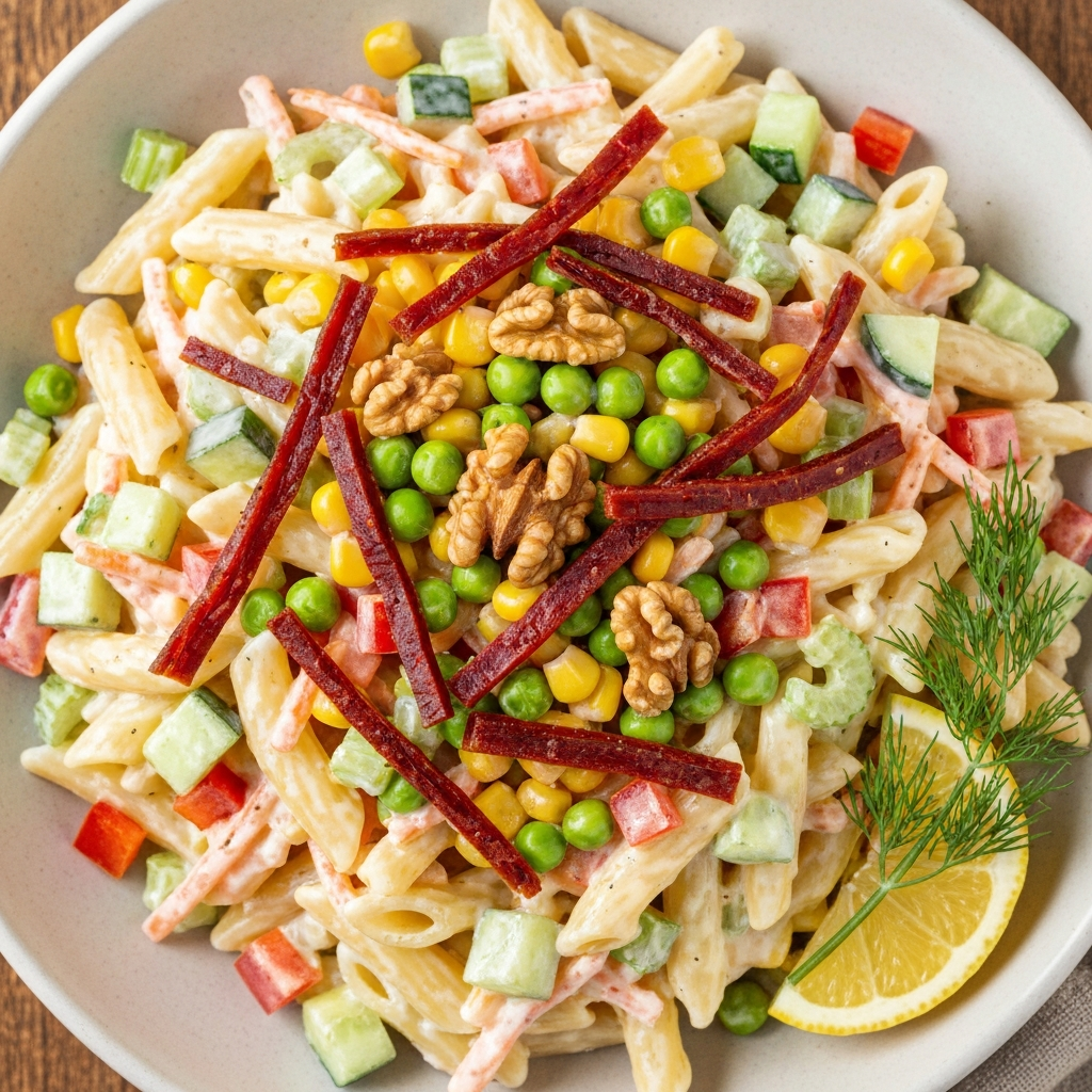 Pastırmalı, Cevizli ve Sebzeli Yoğurtlu Makarna Salatası