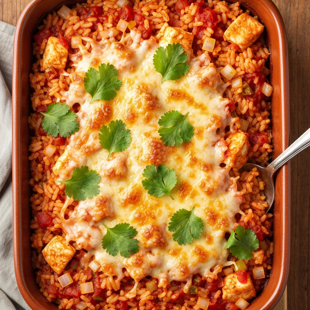 Salsa Soslu Tavuklu ve Peynirli Pirinç Güveci