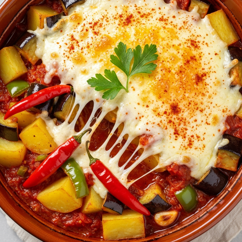 Fırında Kaşarlı Patatesli Patlıcan Yemeği