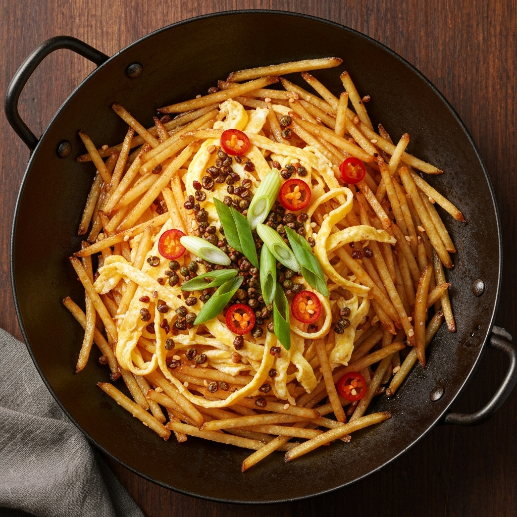 Yumurtalı ve Sichuan Biberli Sıcak Soslu Patates Dilimleri