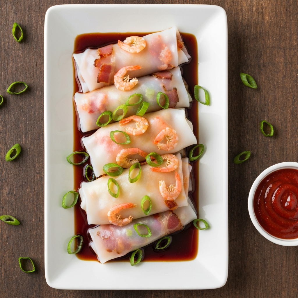 Bacon, Kurutulmuş Karides ve Taze Soğanlı Chee Cheong Fun