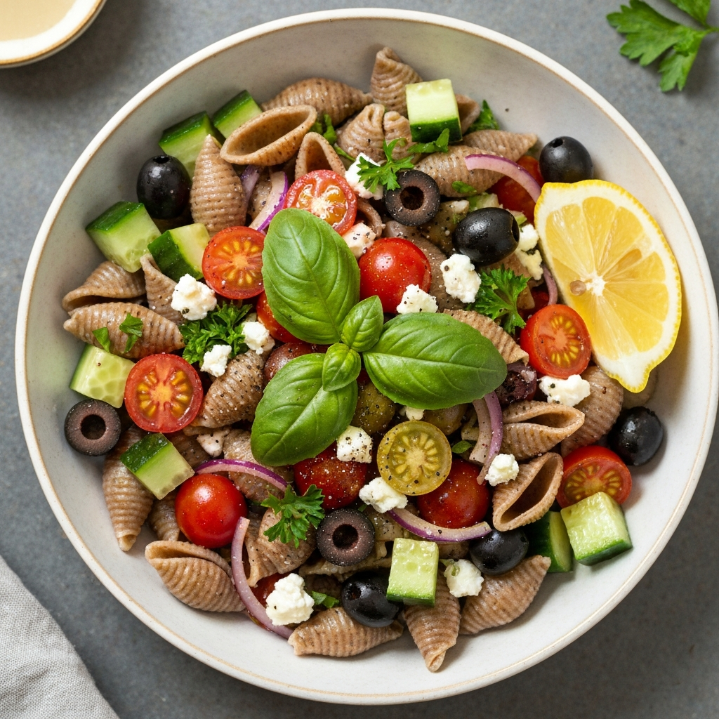 Zeytinli ve Peynirli Tam Buğdaylı Makarna Salatası