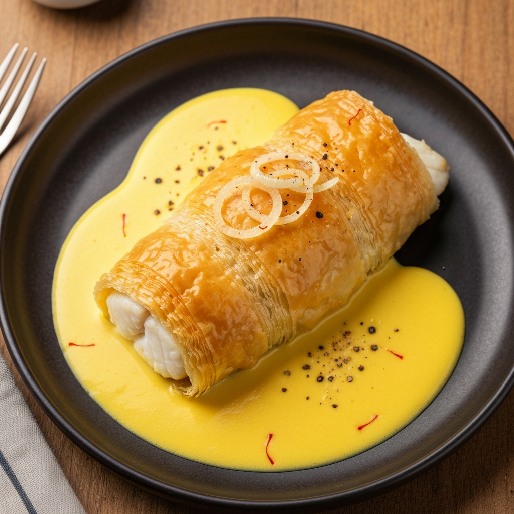Baklava Hamuruna Sarılmış Ballı ve Safranlı Levrek