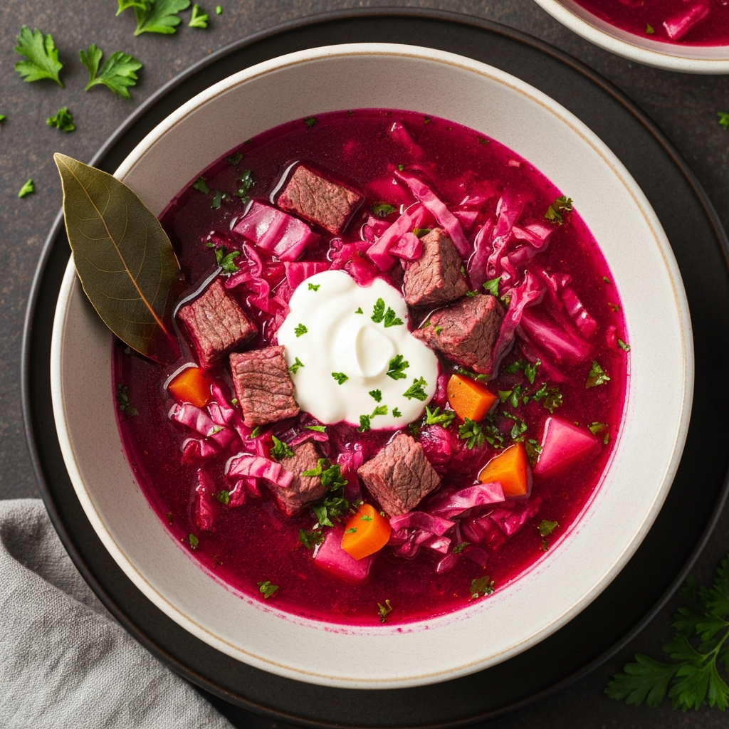 Biftekli ve Sebzeli Geleneksel Borscht Çorbası